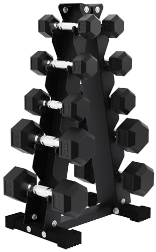 Rubber Coated Hex Dumbbell Set with Storage Rack U669677