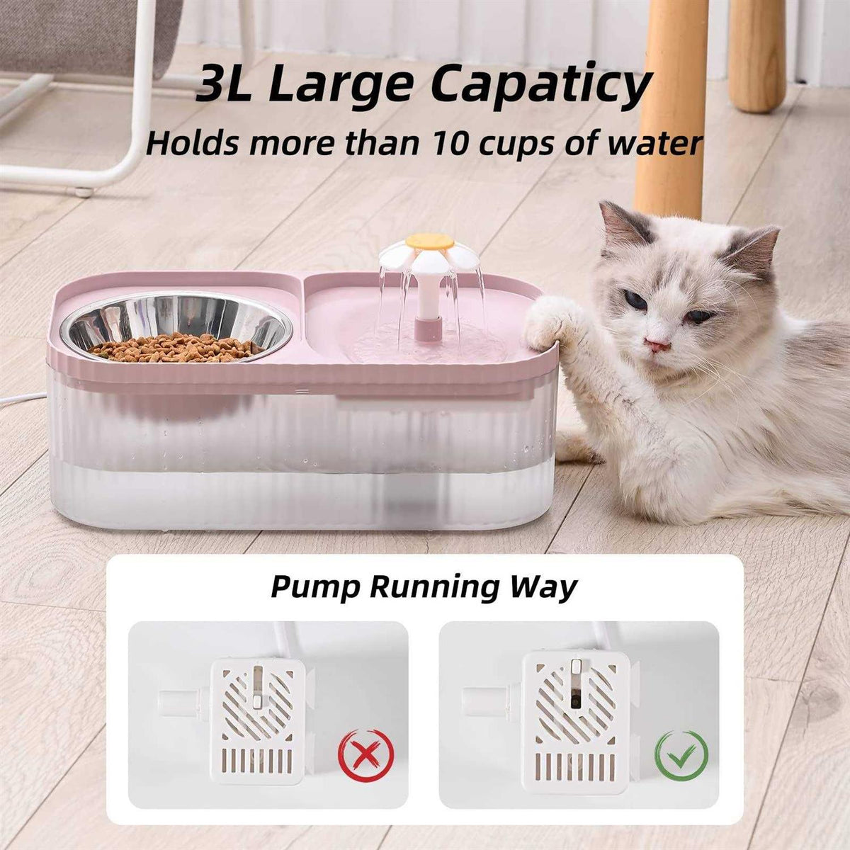 Cat Water Fountain and Food Bowl, 3L Ultra Quiet Pet Water Dispenser G7219