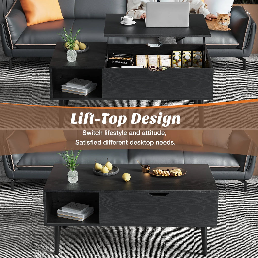 Adjustable Height Wooden Coffee Table with Hidden Compartments and Shelves A365179