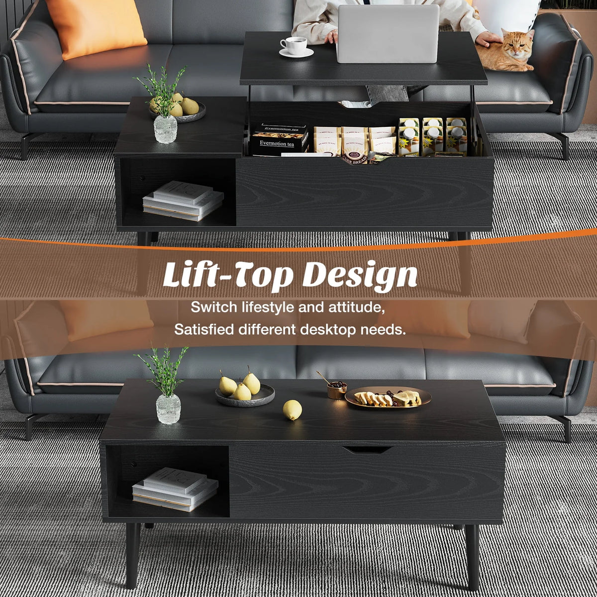 Adjustable Height Wooden Coffee Table with Hidden Compartments and Shelves A365179