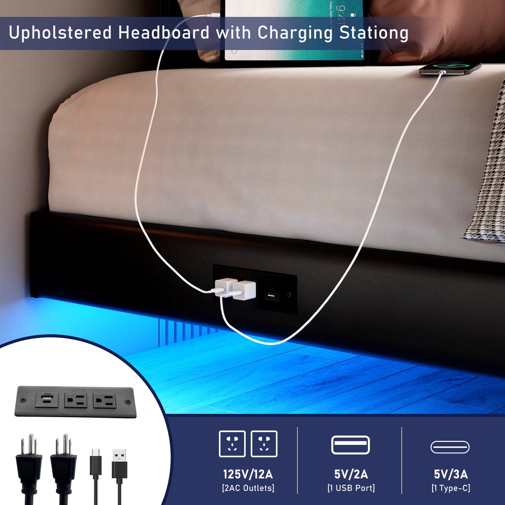 King Size Floating Upholstered Platform Bed with LED Light & Power Charging Station Y1558