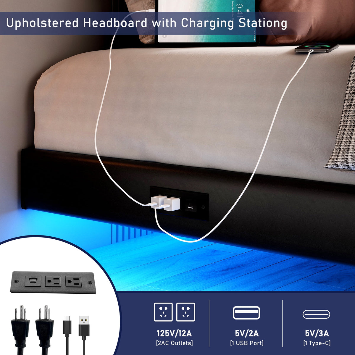King Size Floating Upholstered Platform Bed with LED Light & Power Charging Station Y1558