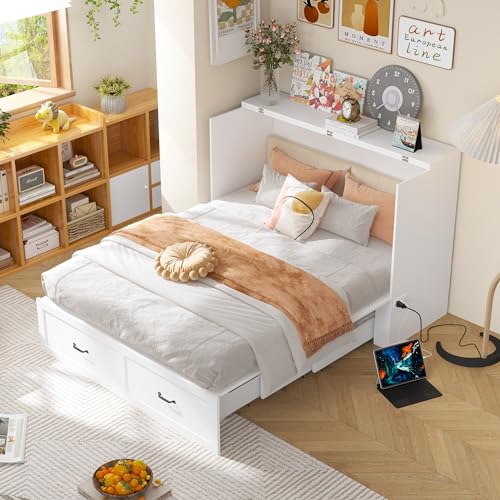 White Queen Size Murphy Cabinet Bed with Drawers N298845