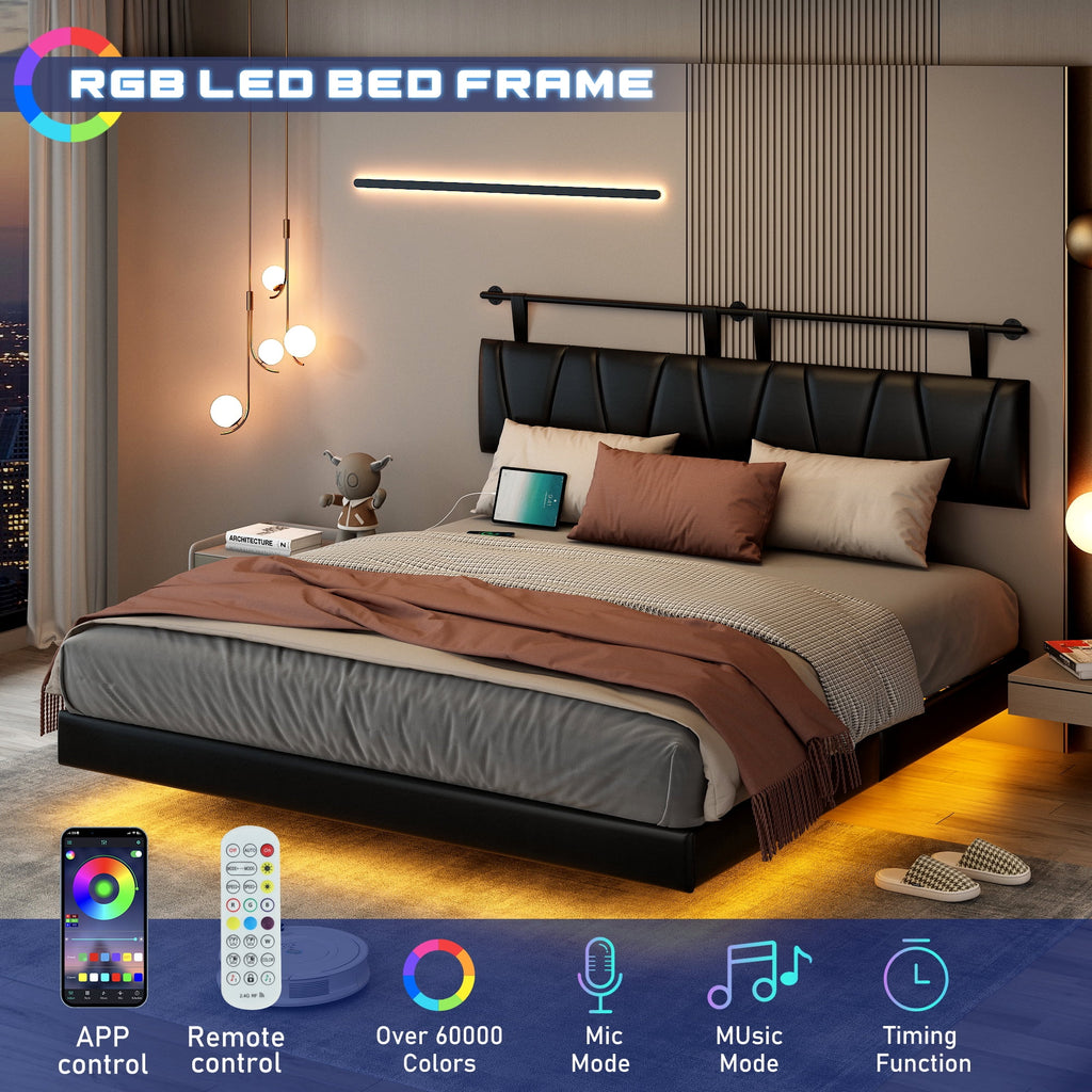 King Size Floating Upholstered Platform Bed with LED Light & Power Charging Station Y1558