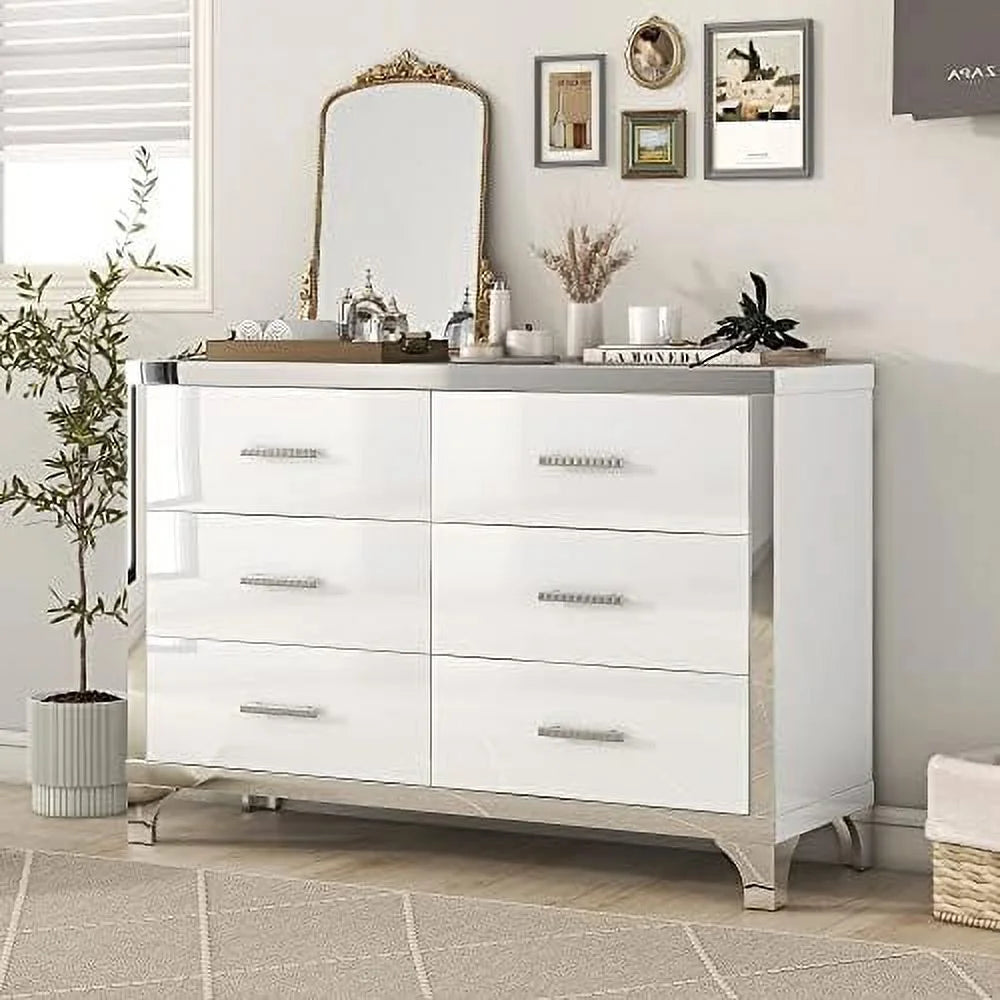 Mirrored 6 Drawers High Gloss Dresser with Metal Handle U407