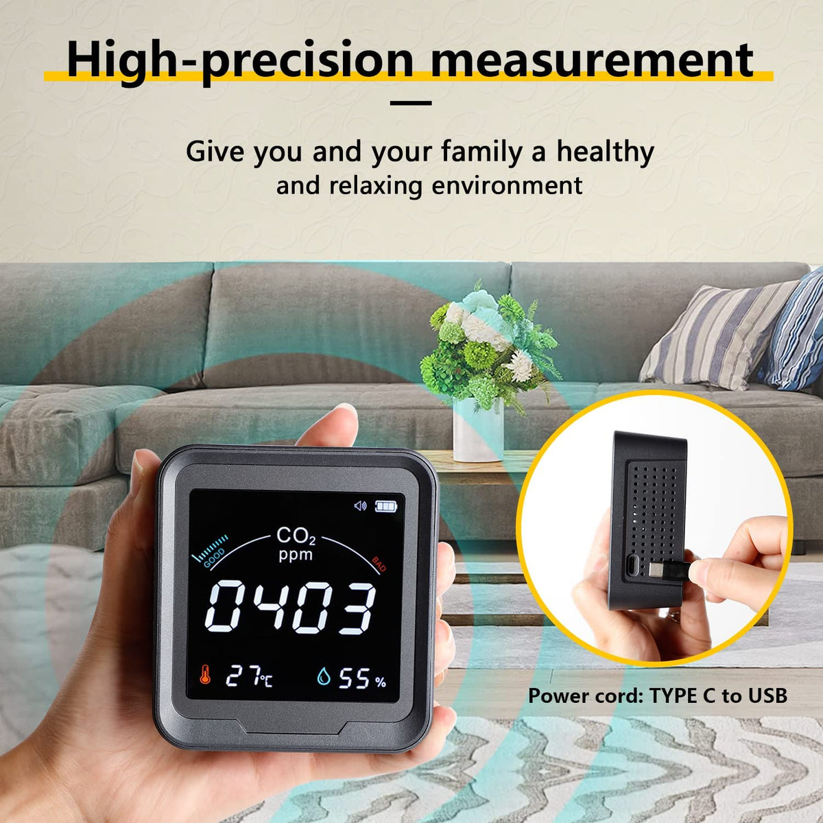 CO2 Monitor with Temperature and Relative Humidity, 400-5000ppm Range V161