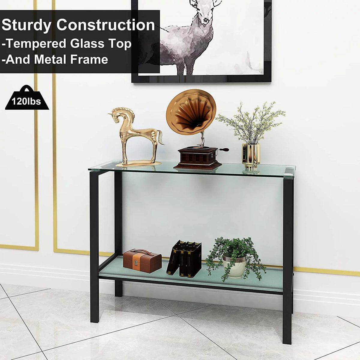 Glass Console Table with Black Metal Leg, 2 Tier Storage P95906