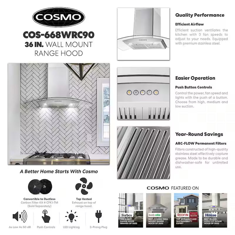 36 in. Stainless Steel Wall Mount Range Hood with LED Lighting K394