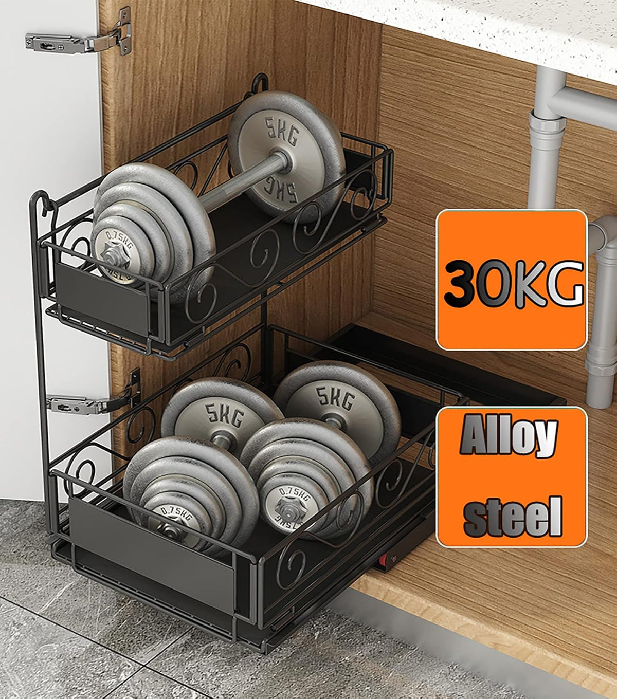 Black 2-Tier Under Sink Organizer with Sliding Drawer O20085