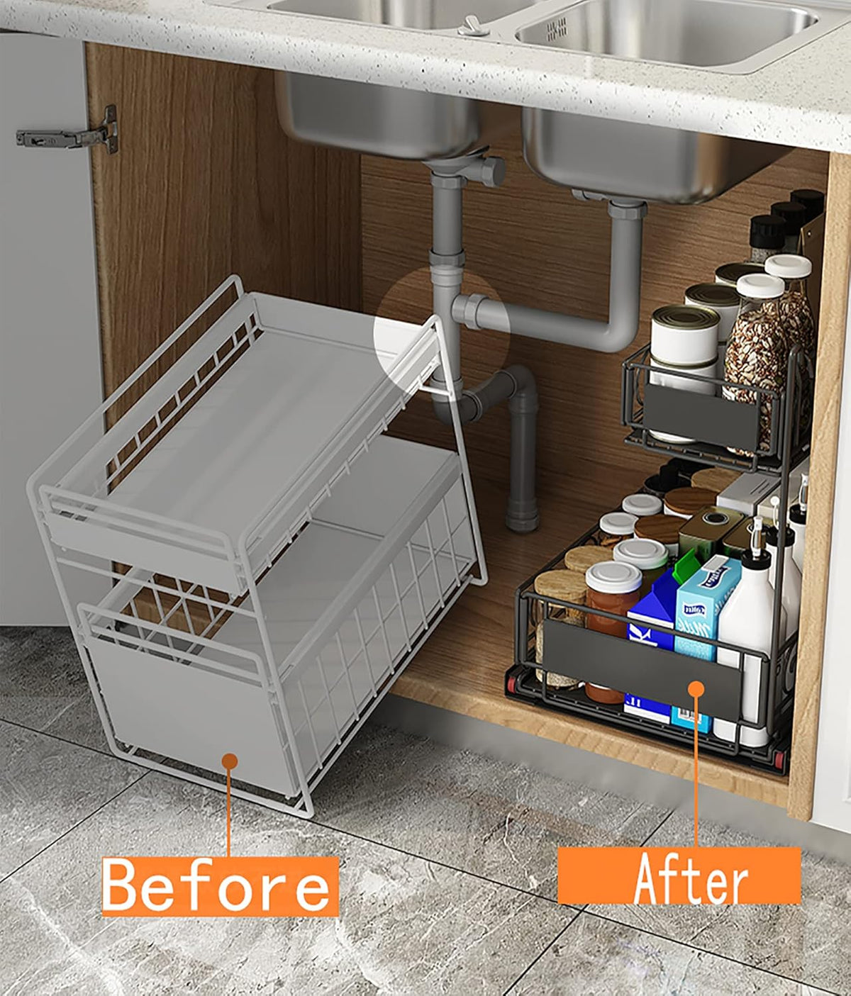 Black 2-Tier Under Sink Organizer with Sliding Drawer O20085