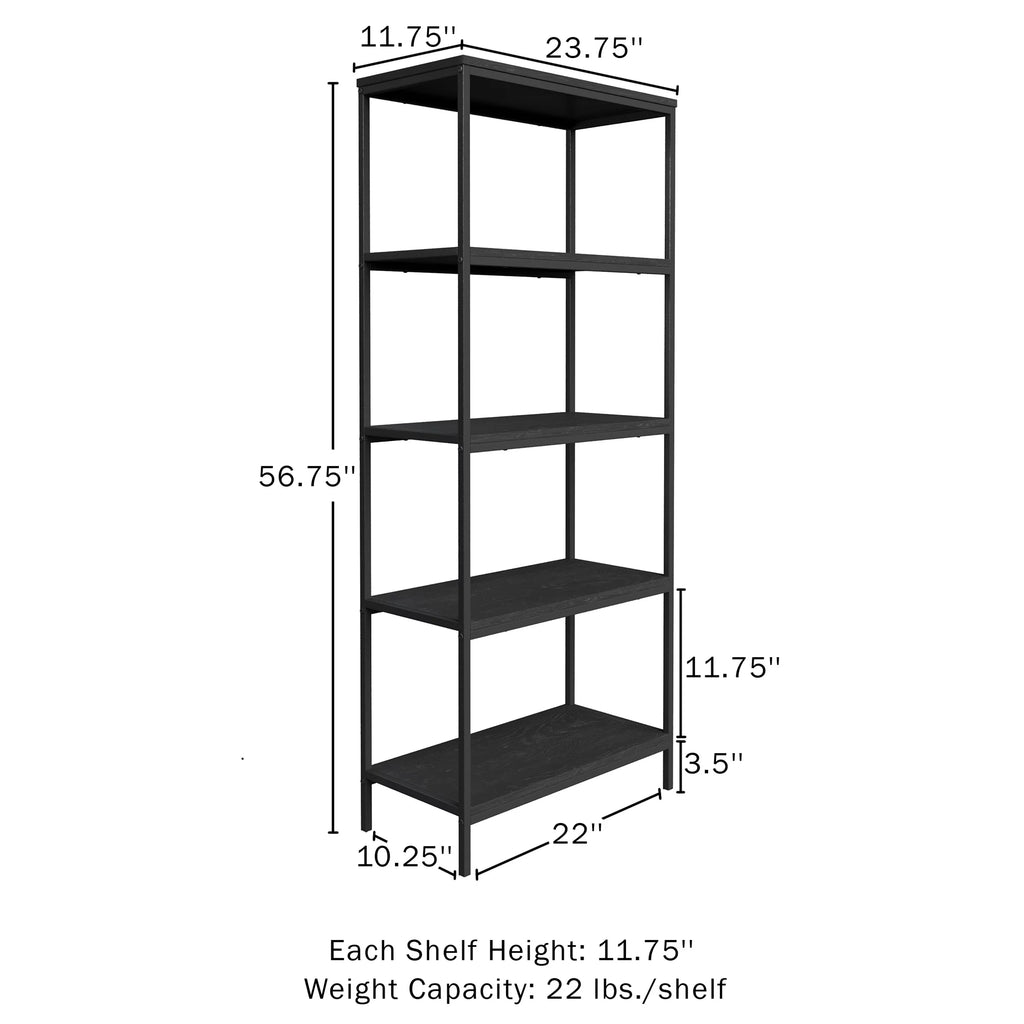 5-Tier Black Woodgrain Bookshelf D883