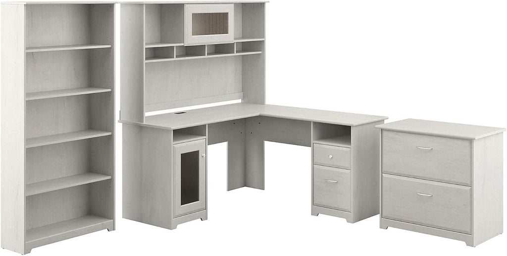 L Shaped Desk with Hutch, File Cabinet and 5 Shelf Bookcase J541796