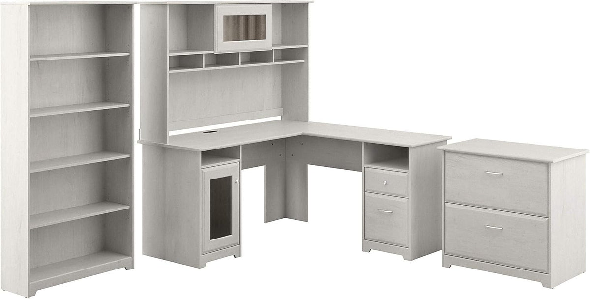 L Shaped Desk with Hutch, File Cabinet and 5 Shelf Bookcase J541796