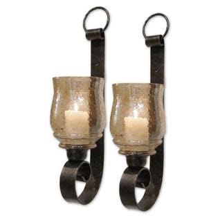 Amber Glass Pillar Wall Candle Sconce Set 2 V526604