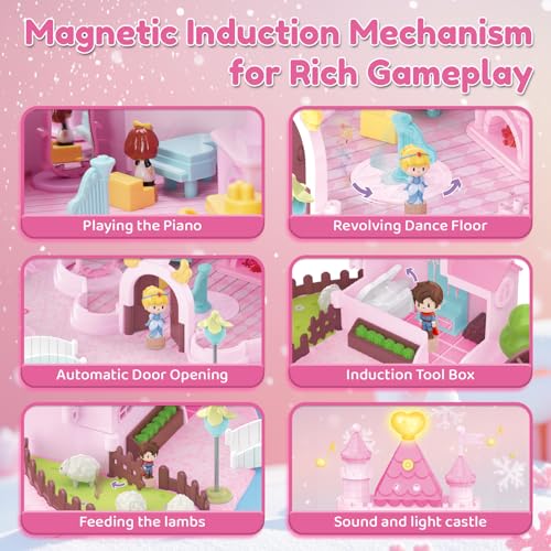 Castle Playset with 4 Magnetic Control Movable Toys, Magnetic Doll House Building Toys with Light & Music（Pink） W83437