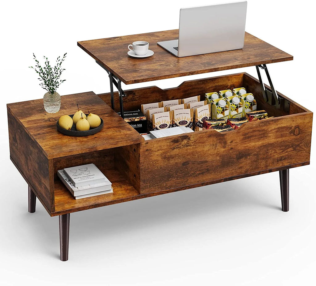 Adjustable Height Wooden Coffee Table with Hidden Compartments and Shelves A365179