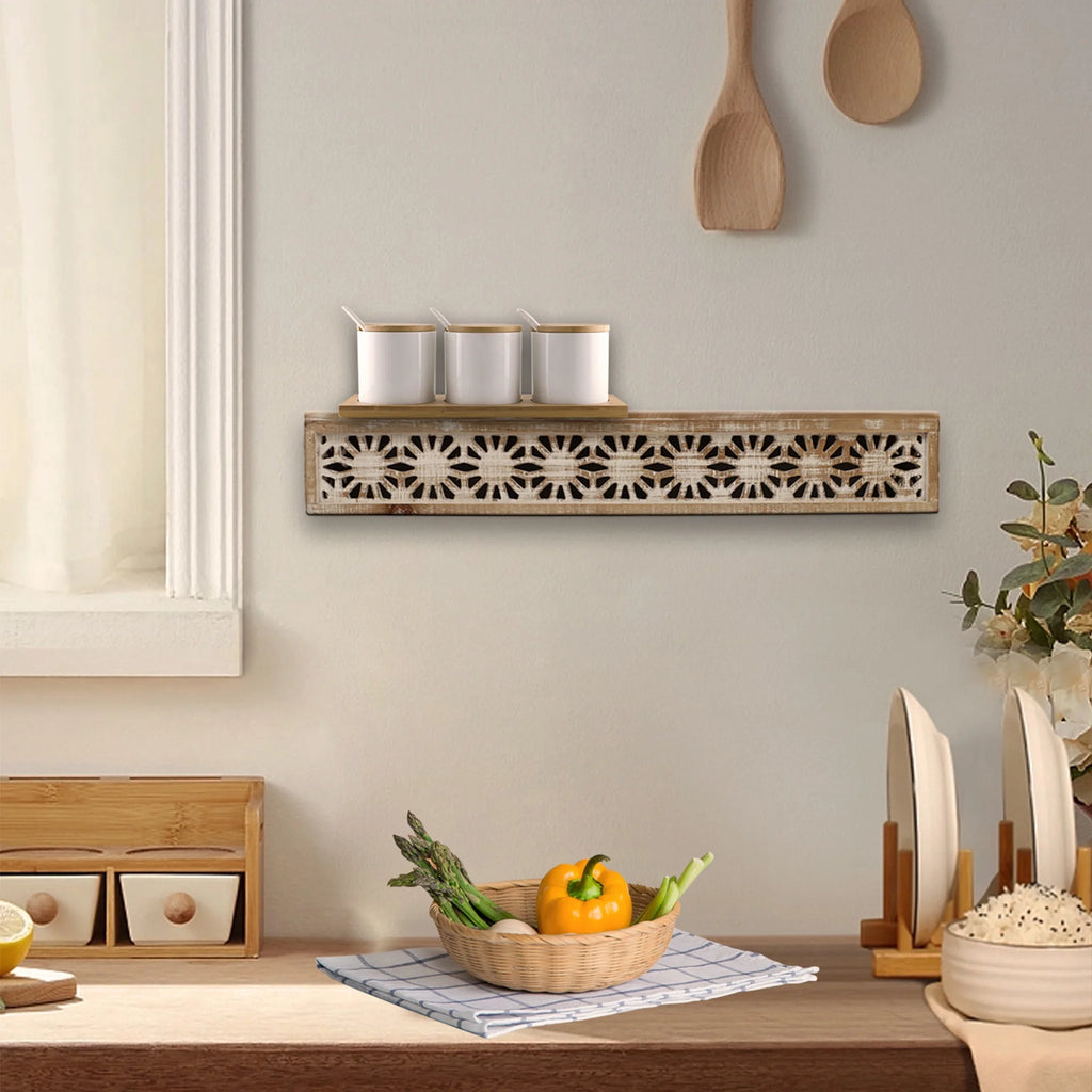 Hand-Carved Wooden Floral-Patterned Floating Wall Shelf K332442
