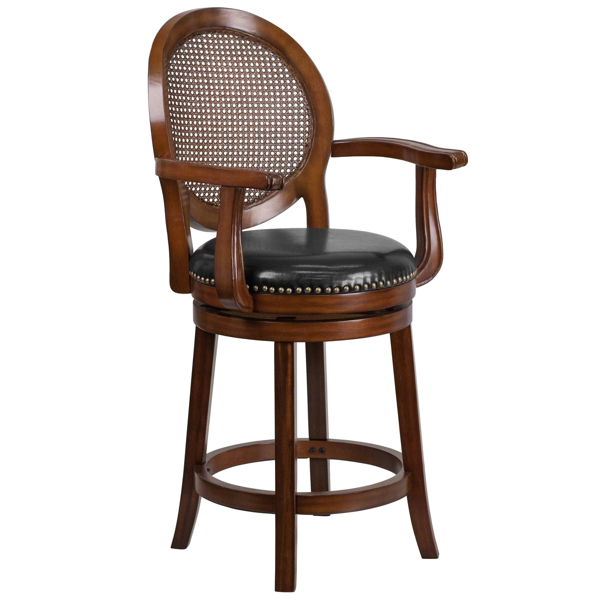 26&& High Wood Counter Height Stool with Arms and Black Leather Swivel Seat R8676