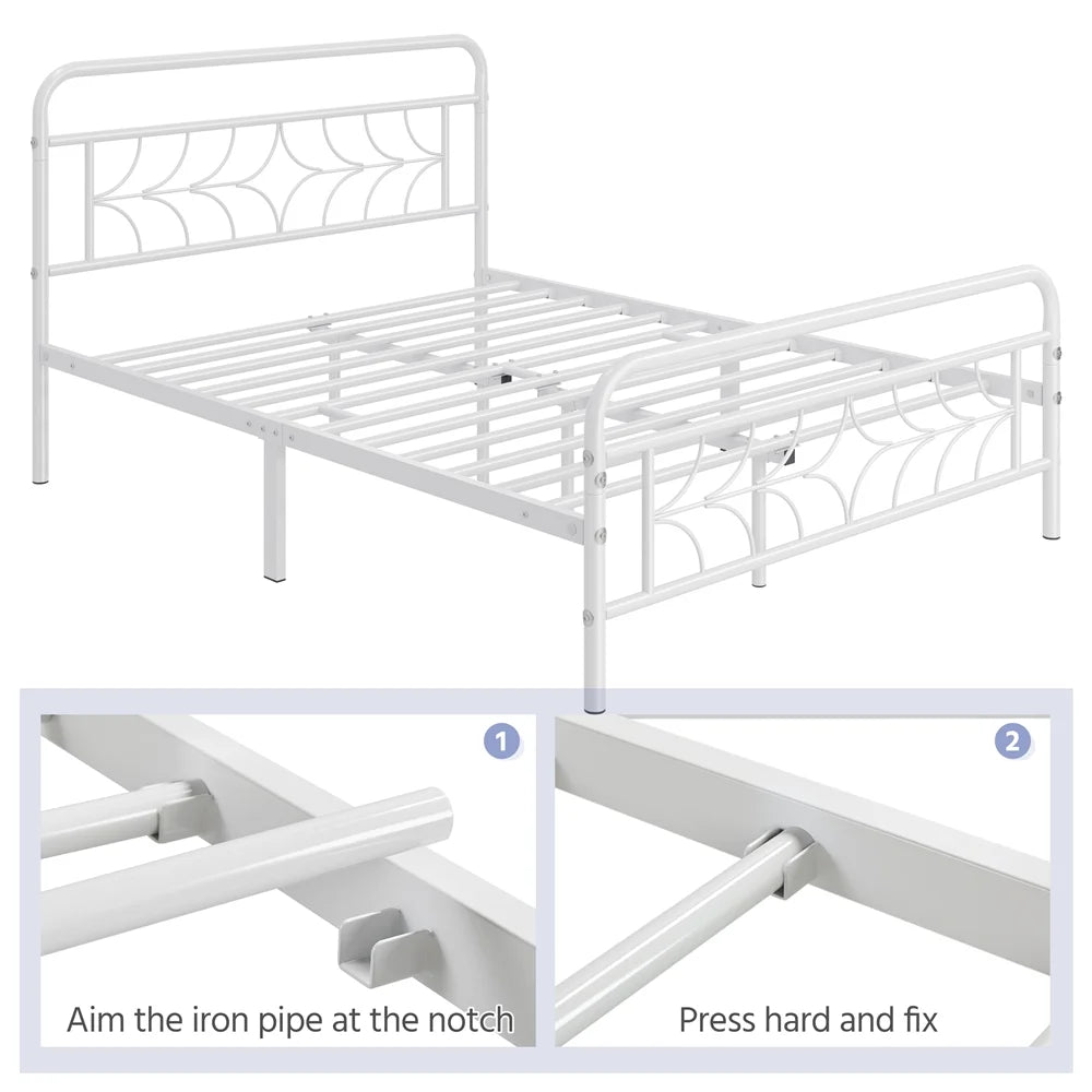 White Full Size Metal Bed with Headboard and Footboard E749