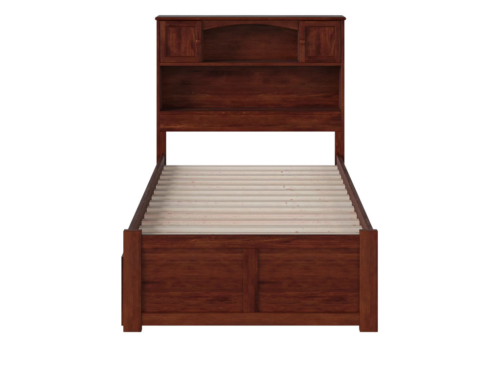 Twin Solid Wood Platform Bed with Footboard & Trundle in Walnut Q127