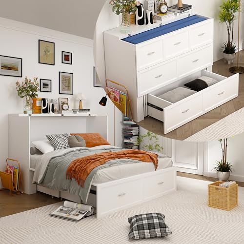 White Queen Size Murphy Cabinet Bed with Drawers N298845