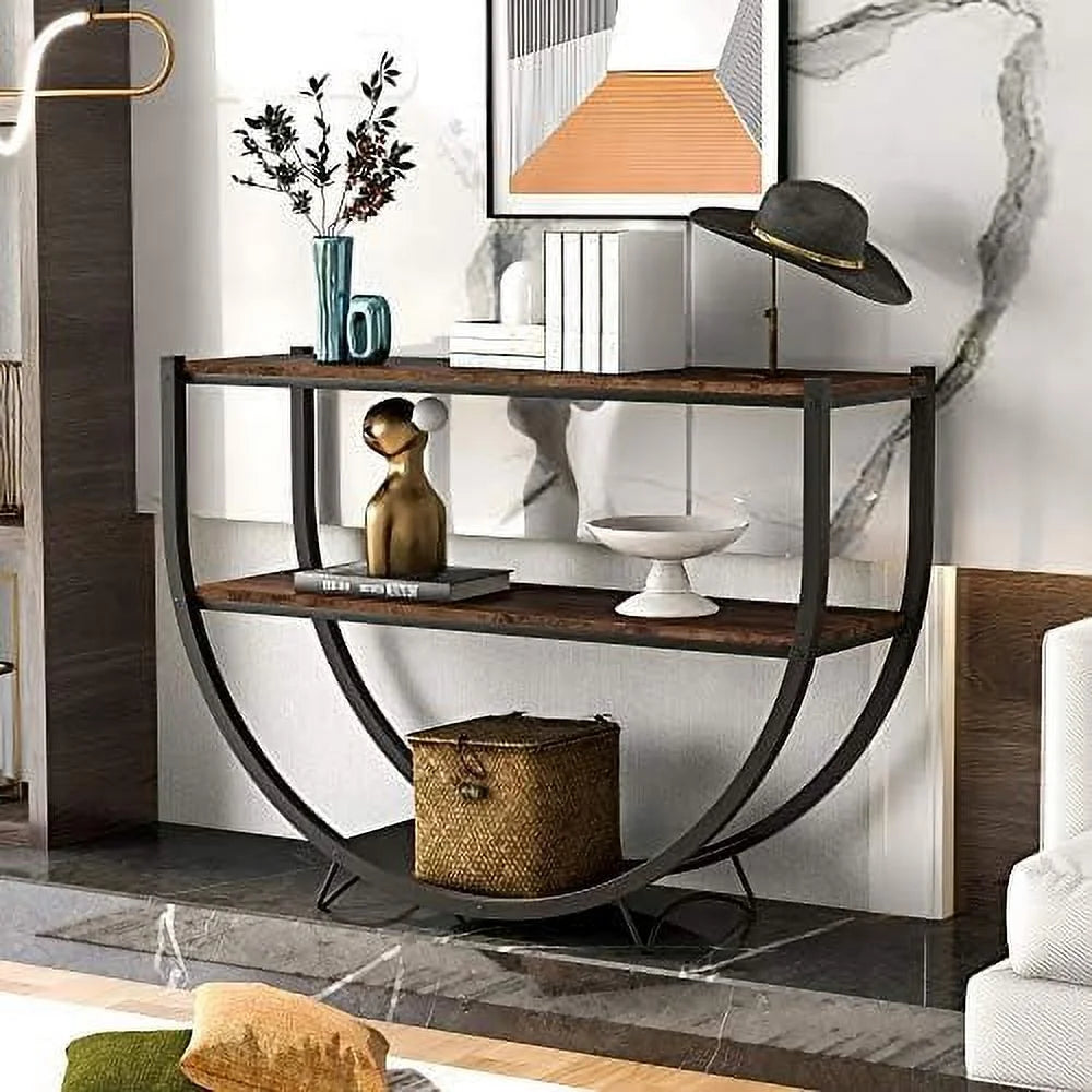 48" Demilune Shape Console Table with Open Shelf Rustic Brown R226229