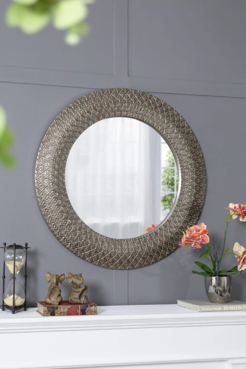 Large Round Wall Mirror with 3D Sculpted Wide Frame B9692