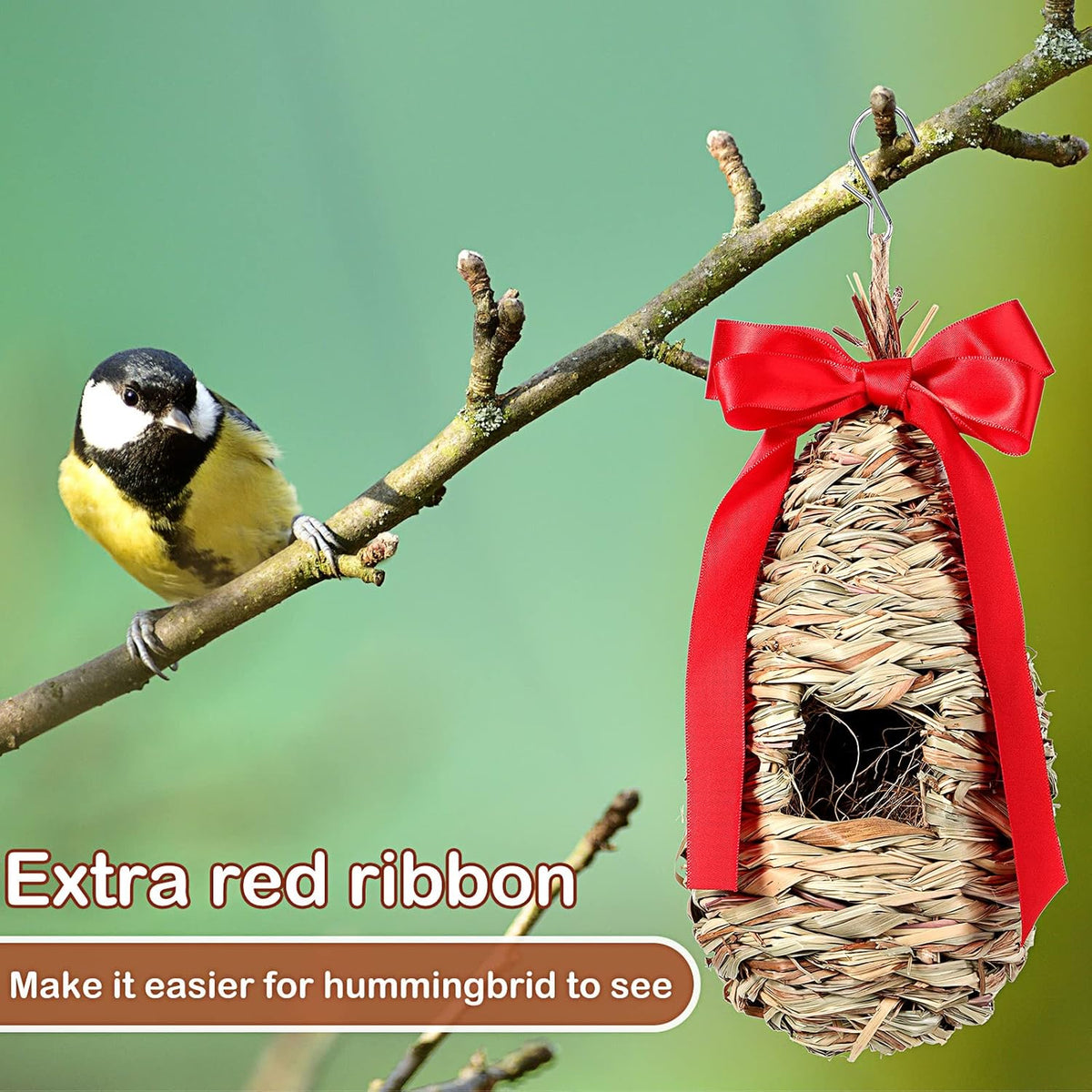 3 Pack Hummingbird Nest House with Coconut Fiber Nesting Material Red Ribbon Woven Nest O46376