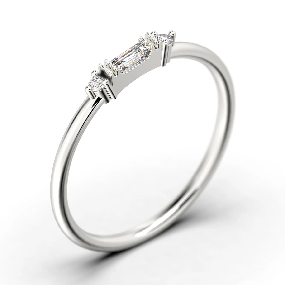 0.75 Carat Baguette Cut Diamond Moissanite Engagement Ring in 10k Solid White Gold O225