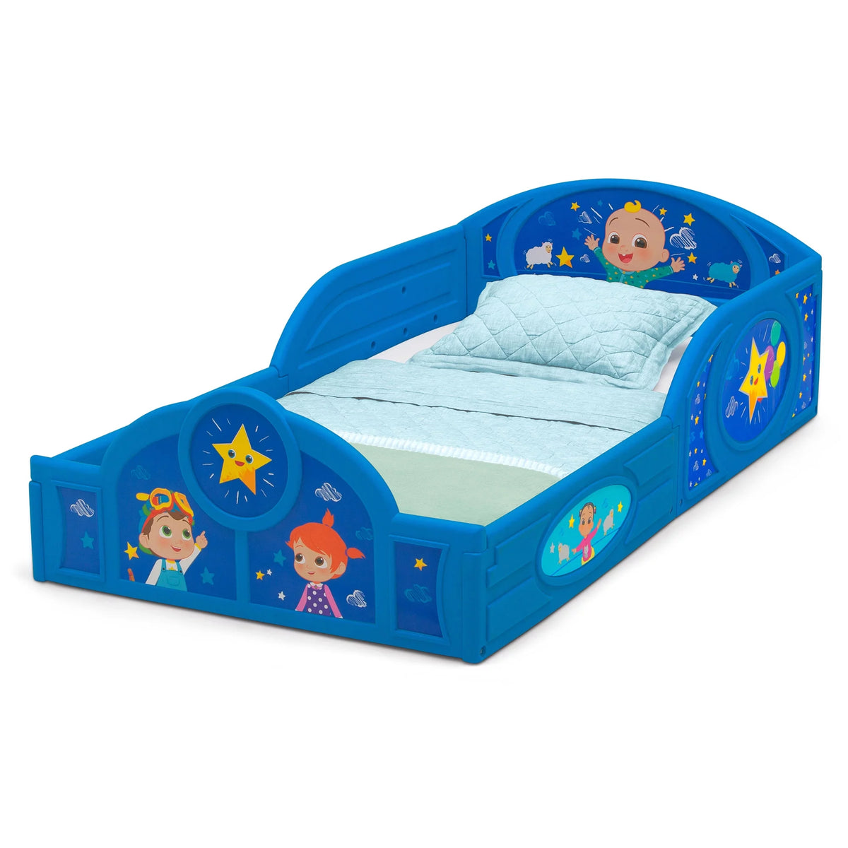 Blue Toddler Bed with Built-In Guardrails V8378