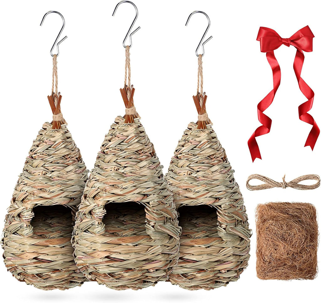 3 Pack Hummingbird Nest House with Coconut Fiber Nesting Material Red Ribbon Woven Nest O46376