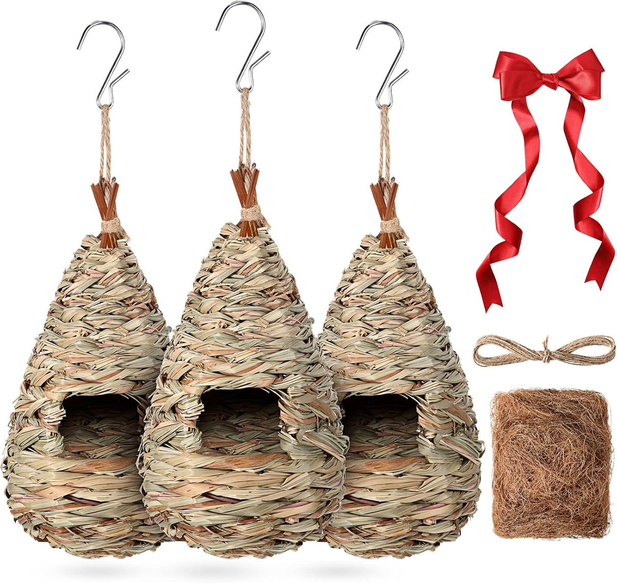 3 Pack Hummingbird Nest House with Coconut Fiber Nesting Material Red Ribbon Woven Nest O46376