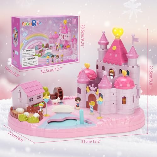Castle Playset with 4 Magnetic Control Movable Toys, Magnetic Doll House Building Toys with Light & Music（Pink） W83437