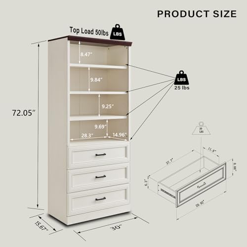 Antique White Tall Storage Cabinet with 3 Drawers and Adjustable Shelves Q5109