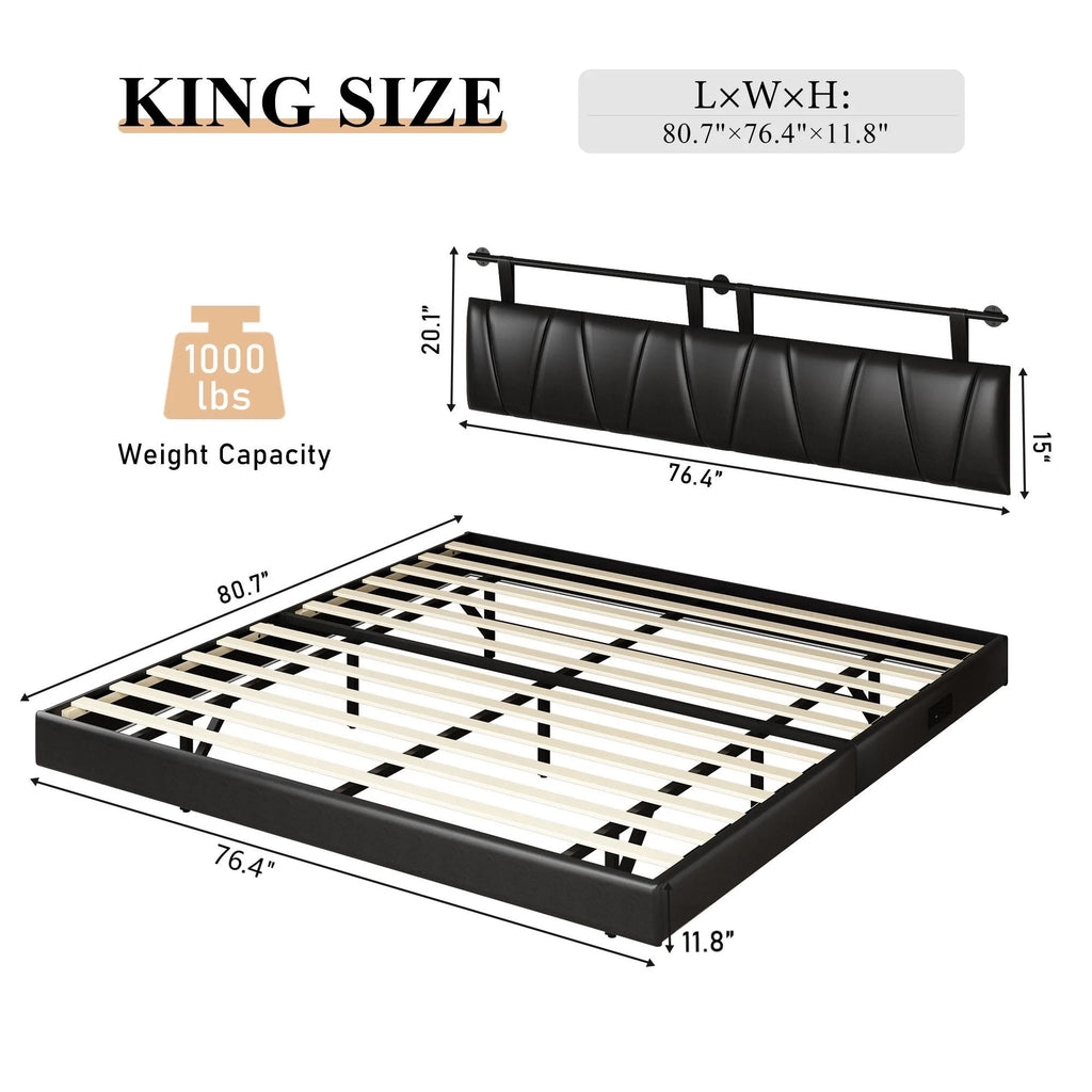 King Size Floating Upholstered Platform Bed with LED Light & Power Charging Station Y1558