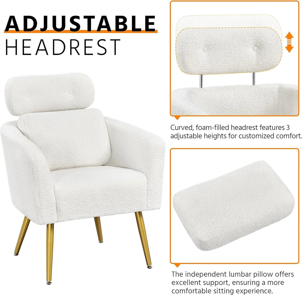White Boucle Accent Chair with Adjustable Headrest and Golden Legs W199860