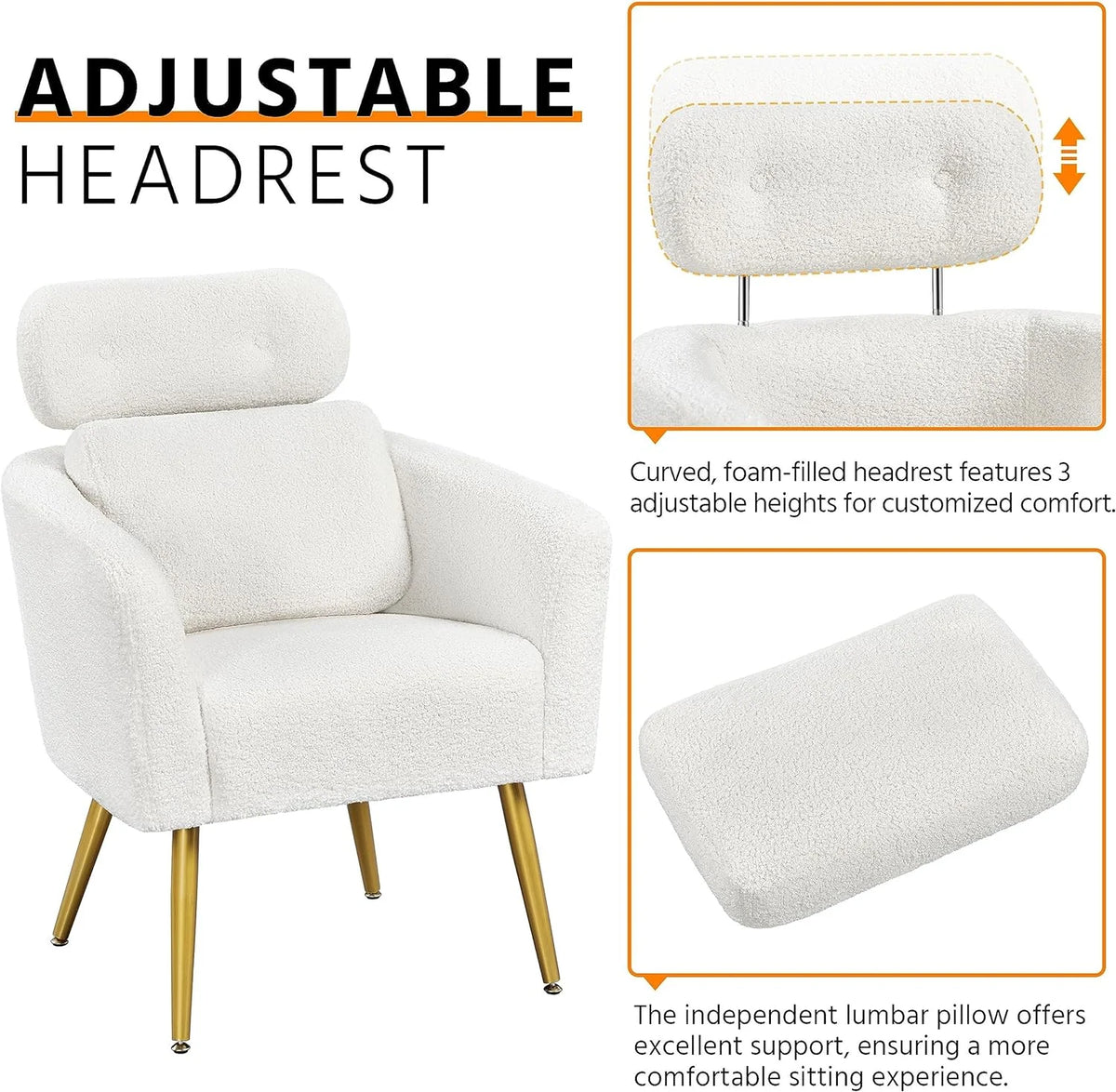 White Boucle Accent Chair with Adjustable Headrest and Golden Legs W199860