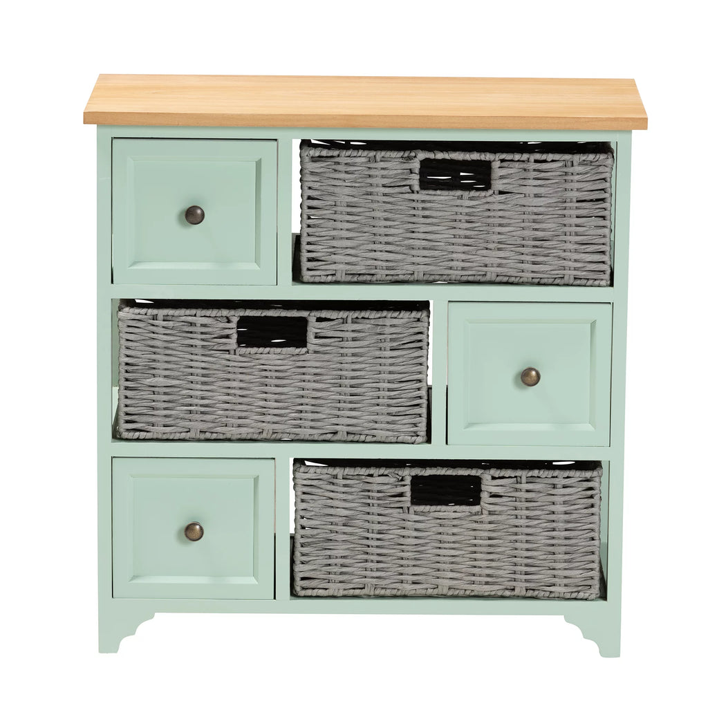 Oak Brown and Mint Green Wood 3-Drawer Storage Unit with Baskets H33711