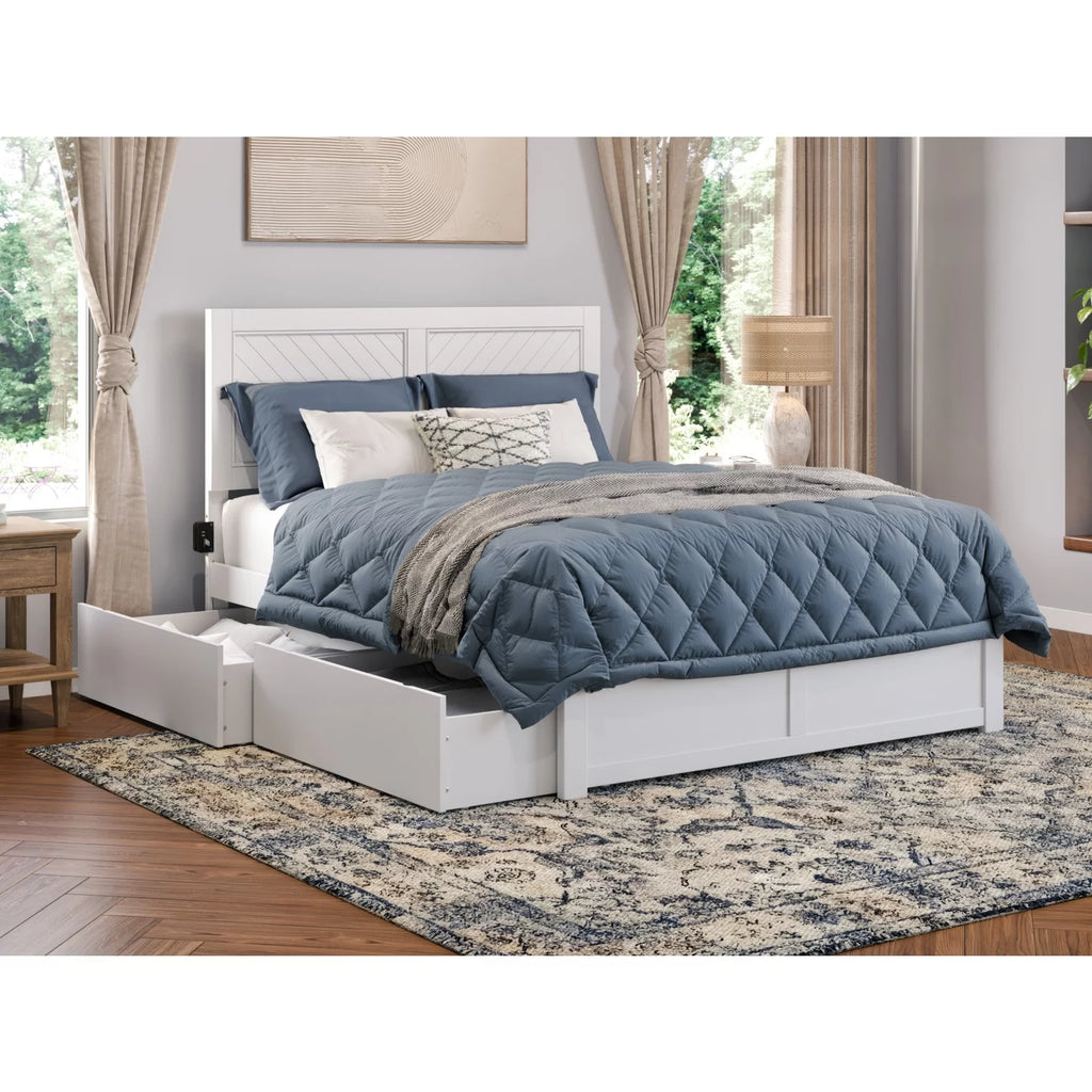 White Queen Size Wood Platform Bed with 2 Storage Drawers E570912