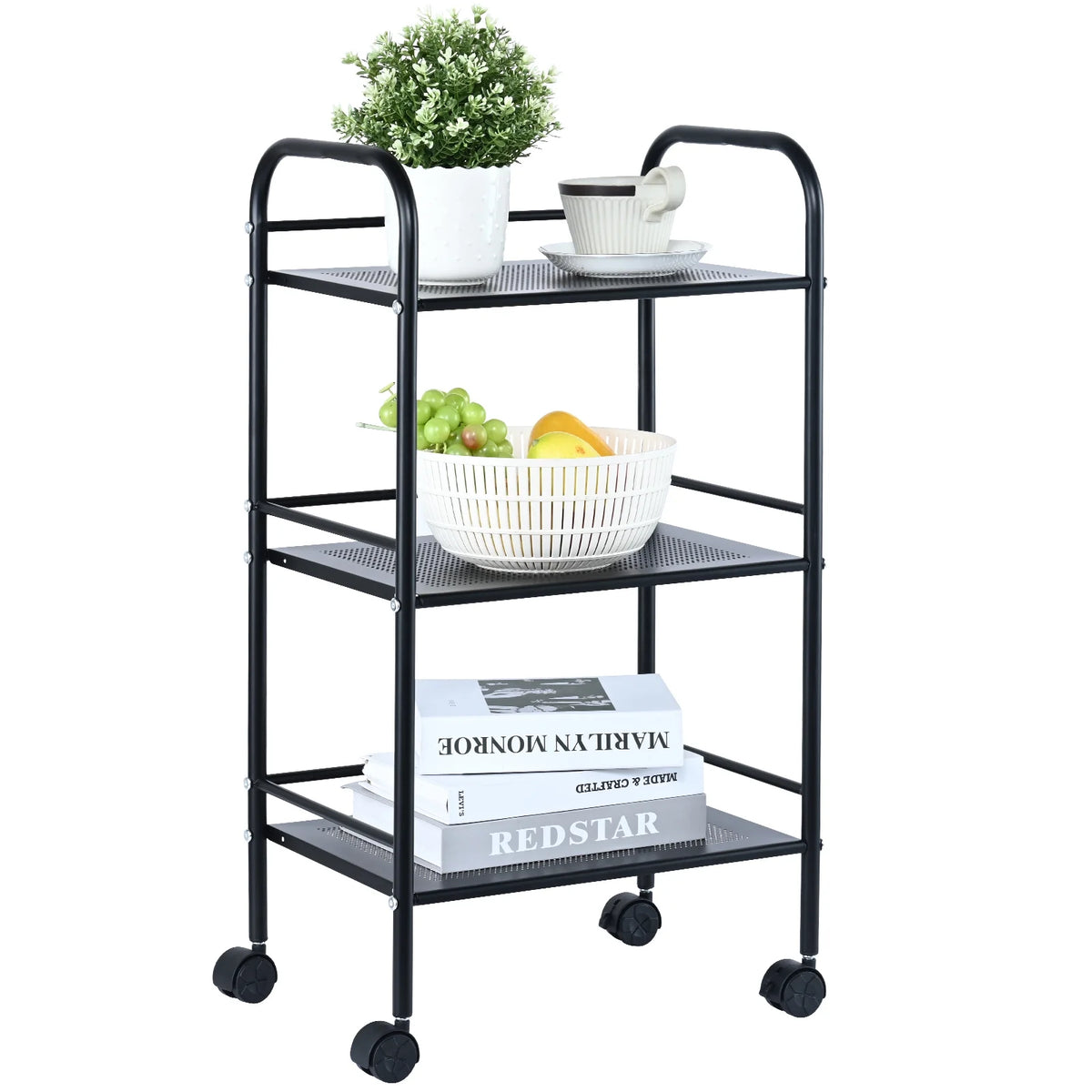 3-Tier Rolling Utility Cart with Handle Black U4936