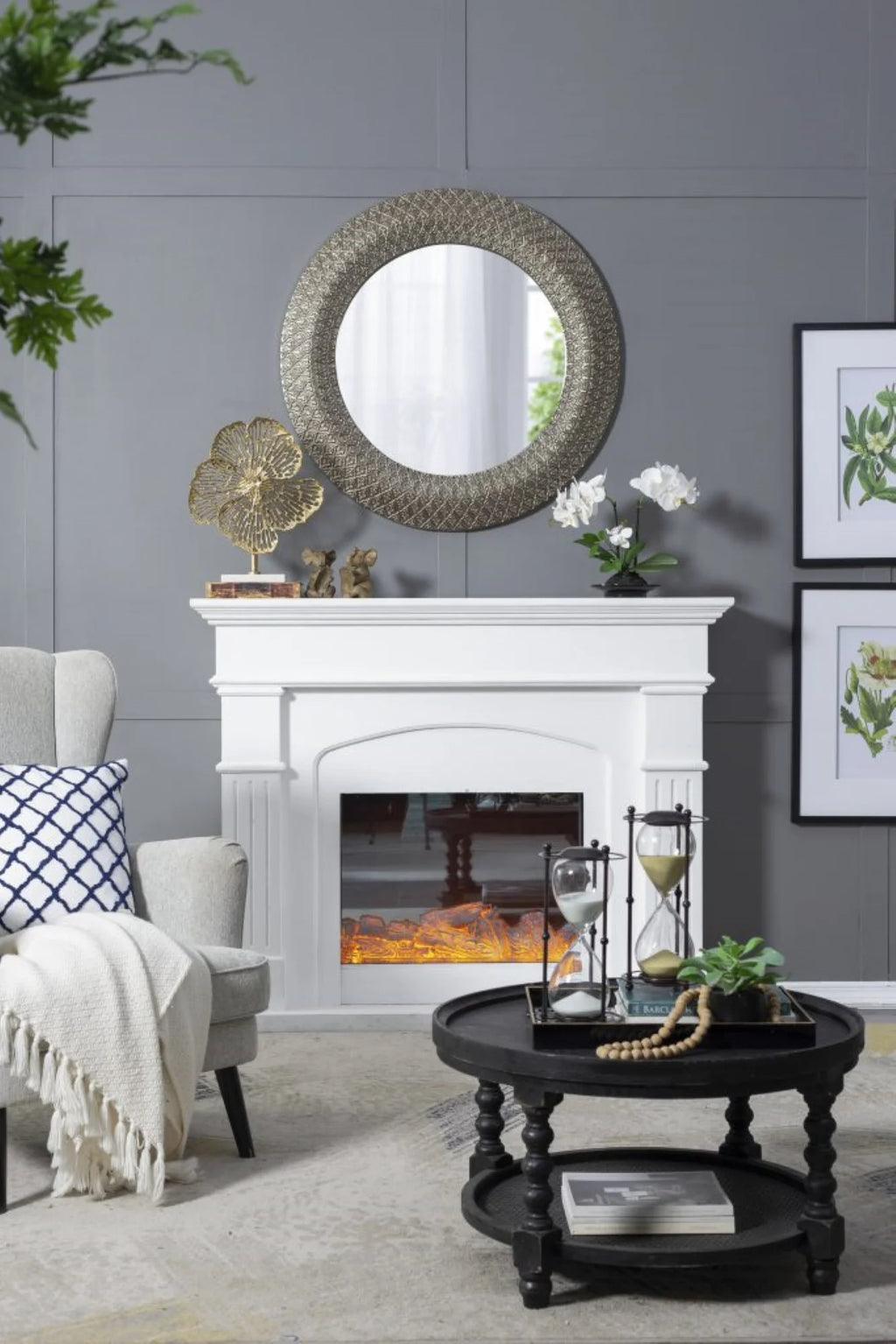 Large Round Wall Mirror with 3D Sculpted Wide Frame B9692