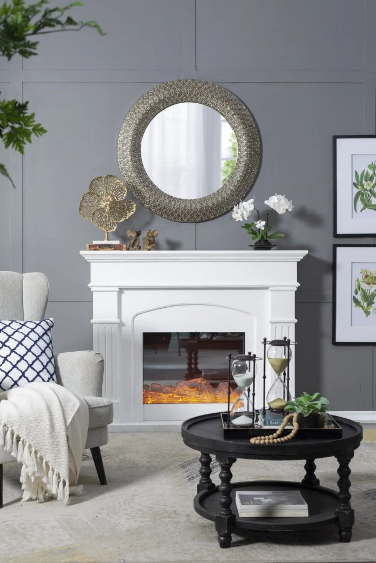 Large Round Wall Mirror with 3D Sculpted Wide Frame B9692