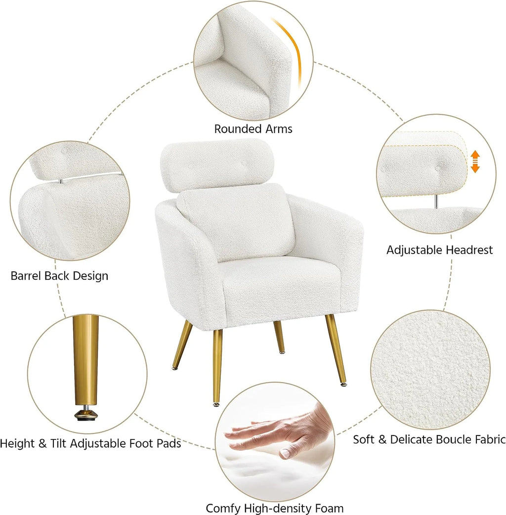 White Boucle Accent Chair with Adjustable Headrest and Golden Legs W199860