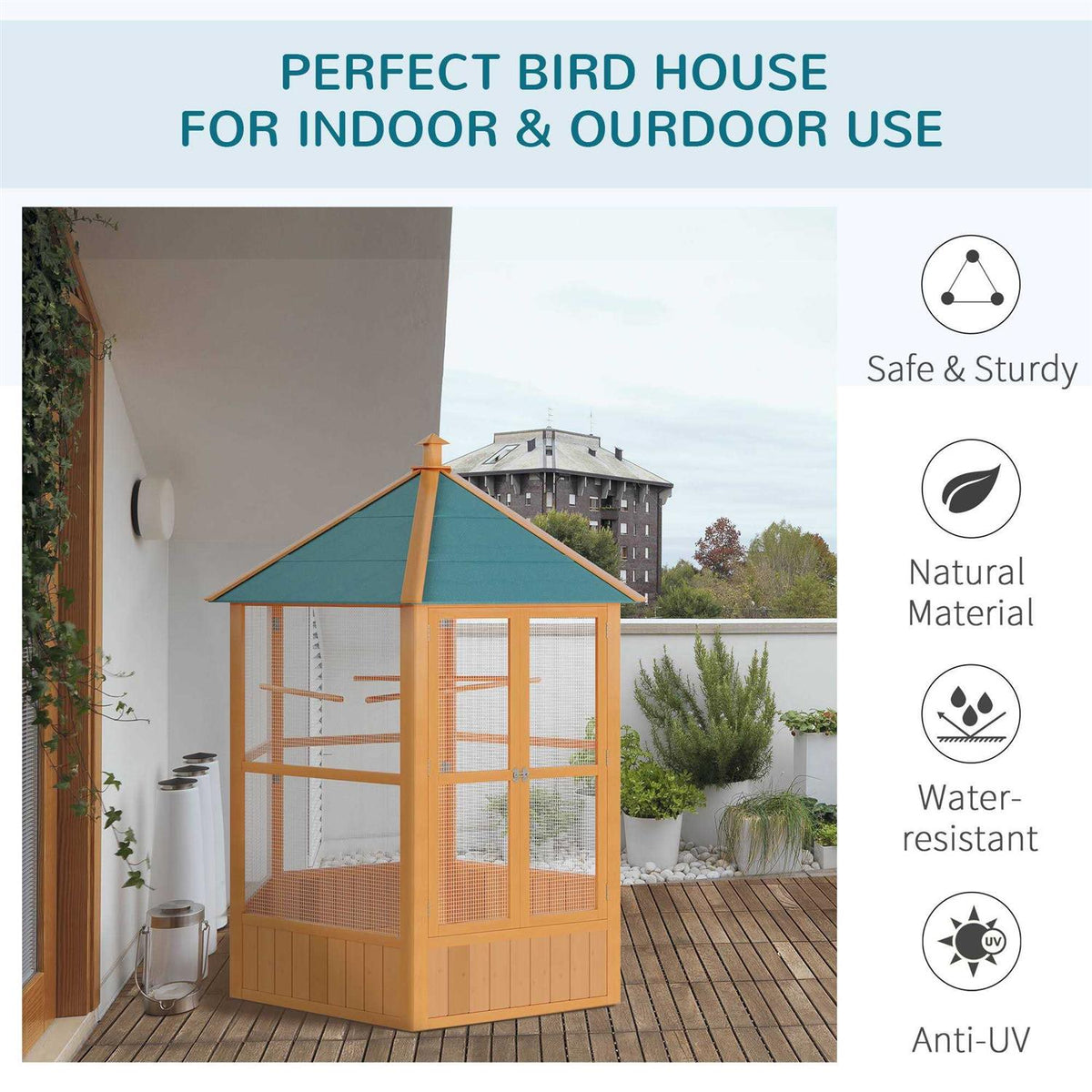 Large Wooden Hexagonal Outdoor Aviary Bird Cage with Covered Roof A810757