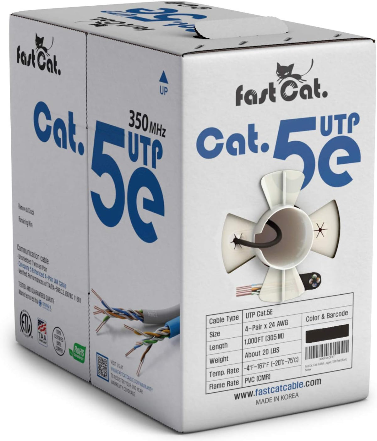 Cat5e Ethernet Cable 1000ft - 24 AWG CMR Bare Copper UTP LAN Cable (Orange) I251