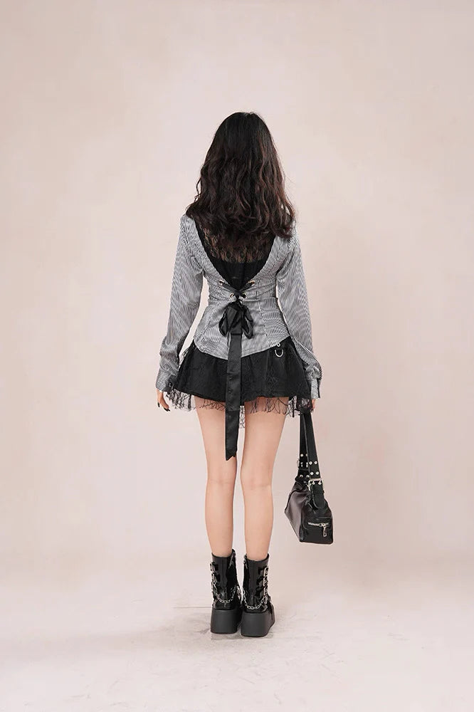 Lace Patchwork Bow-Tie Blouse & Mini Skirt Set F183066