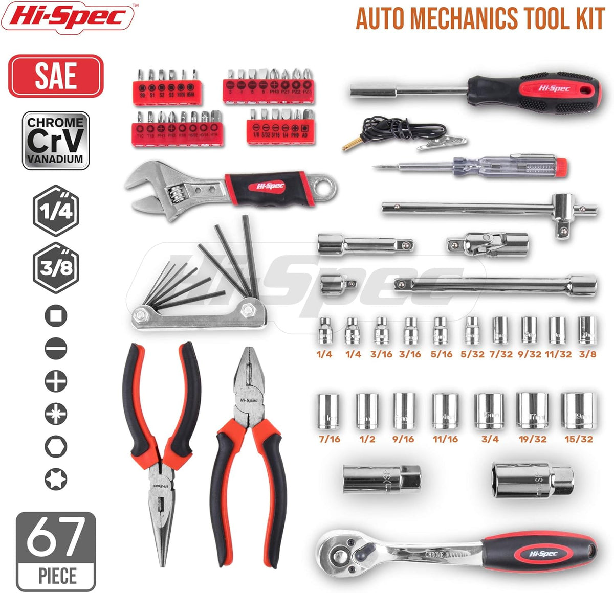 67 Piece Auto Mechanics Tool Kit with Metric Sockets, Ratchet Set & Tool Box N743