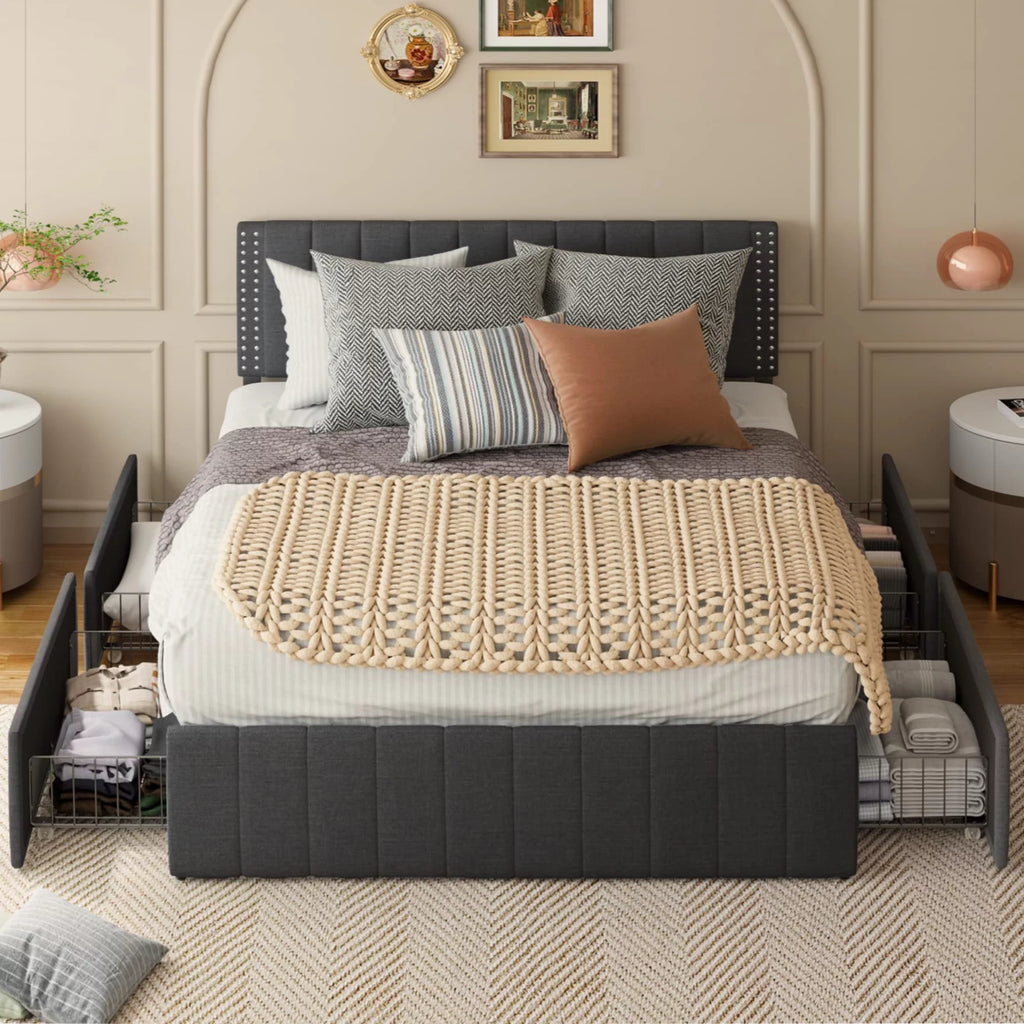 Queen Bed Frame with Adjustable Headboard and 4 Storage Drawers A9018