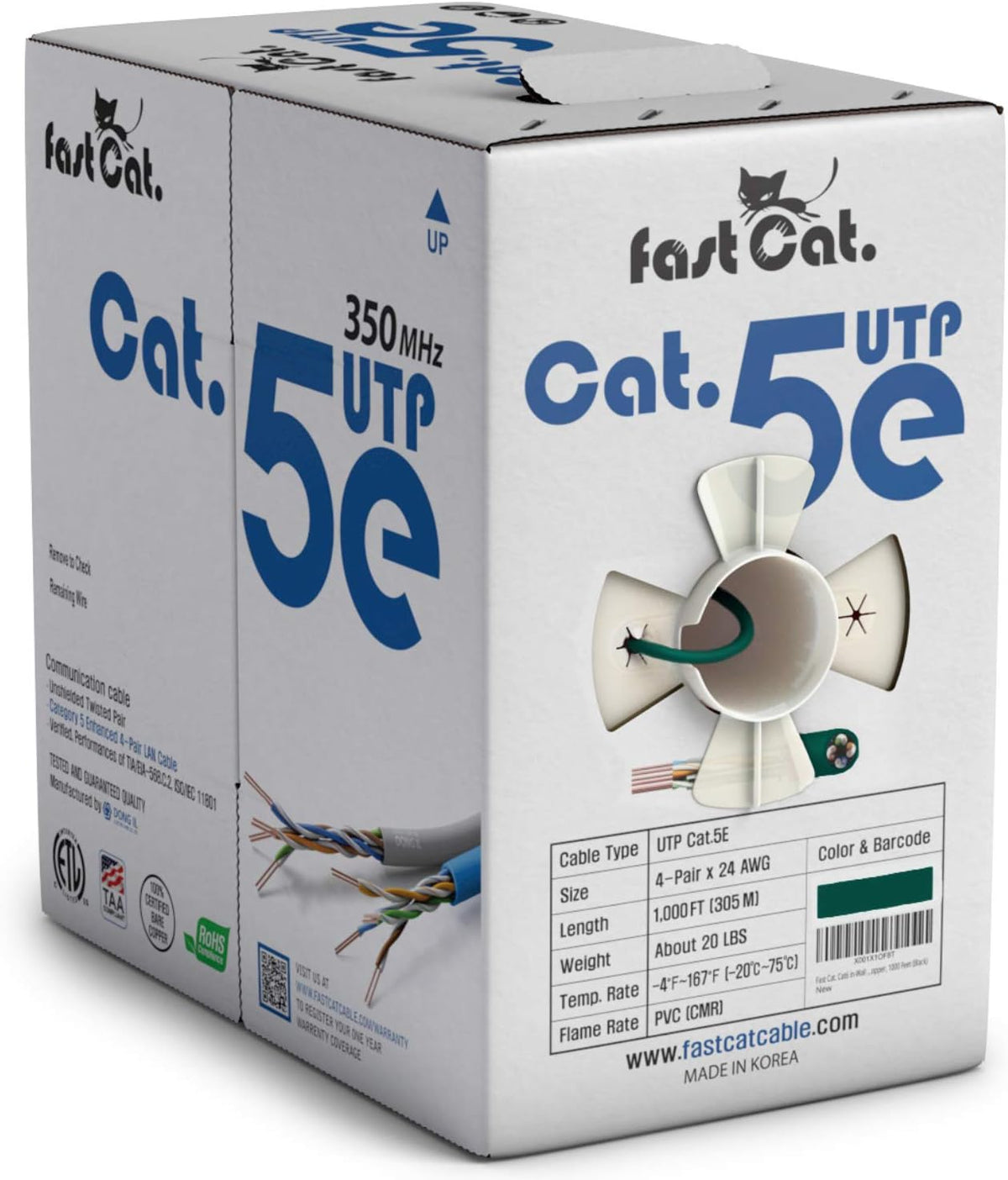 Cat5e Ethernet Cable 1000ft - 24 AWG CMR Bare Copper UTP LAN Cable (Orange) I251
