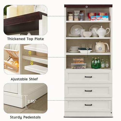 Antique White Tall Storage Cabinet with 3 Drawers and Adjustable Shelves Q5109